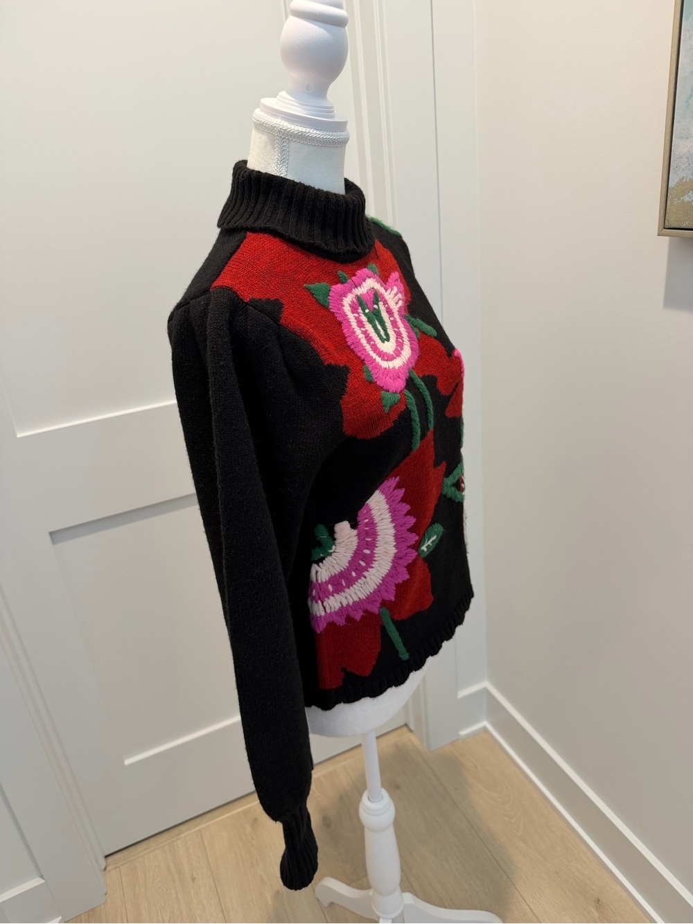 Farm Rio Black Floral Bold Colorful Mock-Neck Sweater Embroidered Flowers XS NEW - Picture 5 of 12